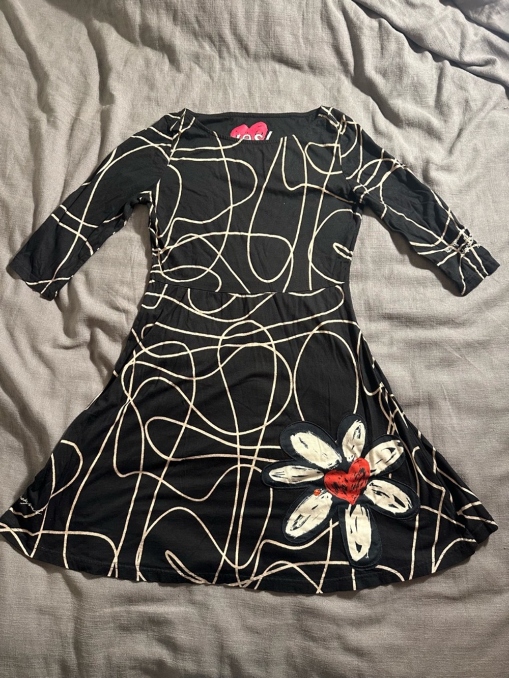 Desigual Black Dress with Cream Swirl and Red Heart Daisy